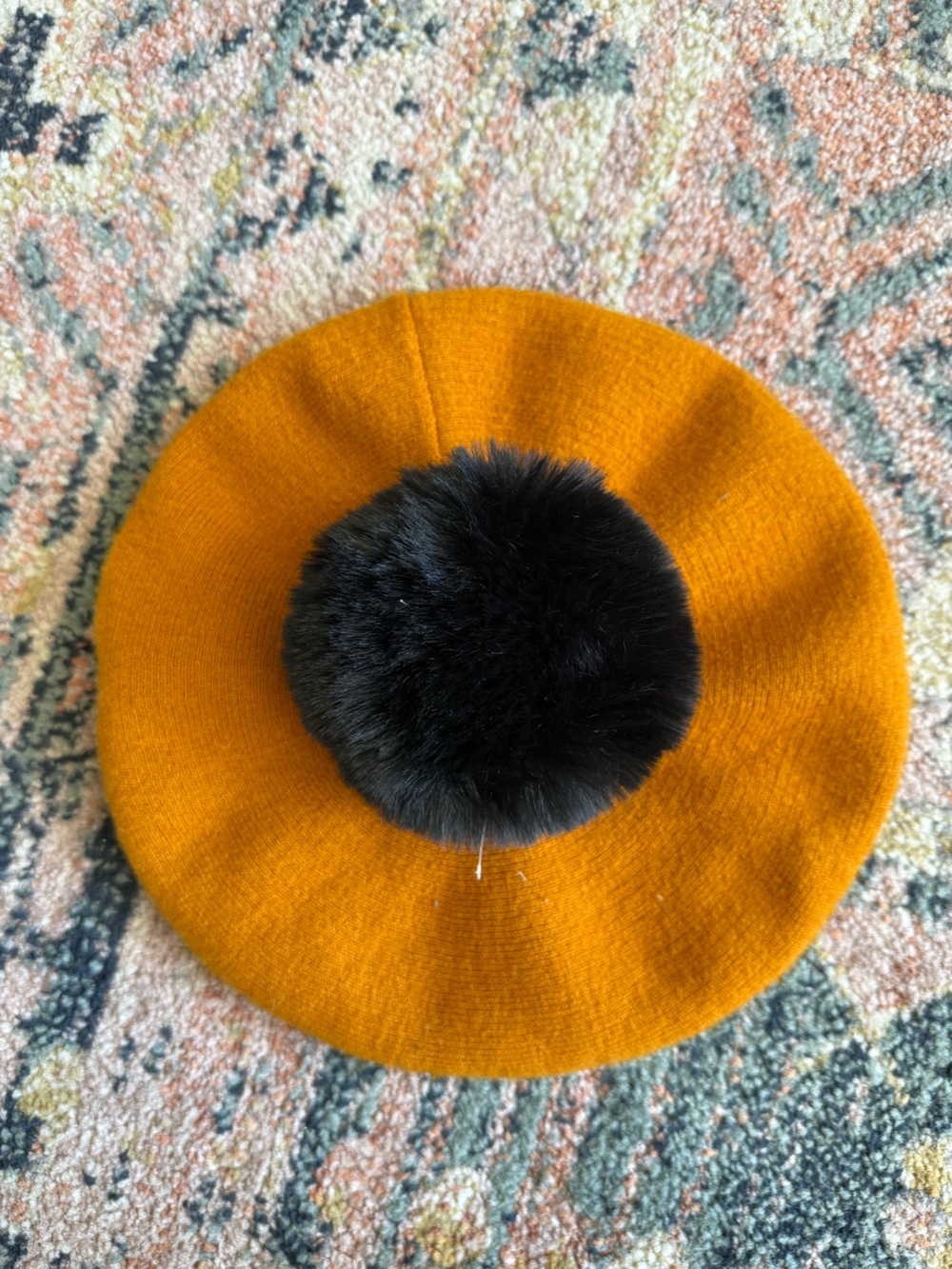 NWT Anthropologie yellow orange beret with removable black fur puffball